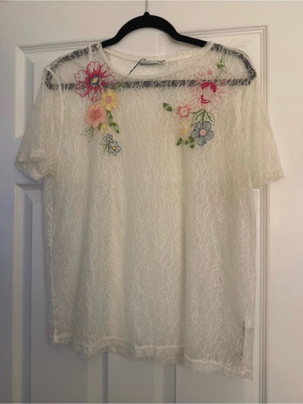 Zara Cream Lace Top with Multicolor Floral Embroidery